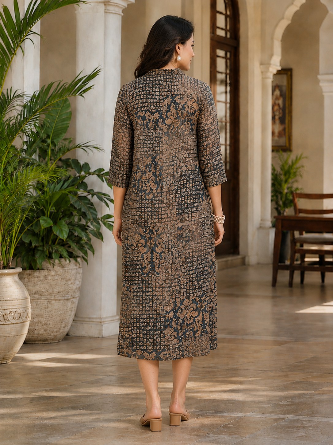 Grey Chanderi Abstract Printed Dress for Women | Claura