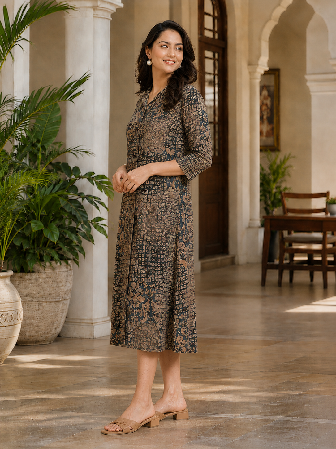 Grey Chanderi Abstract Printed Dress for Women | Claura