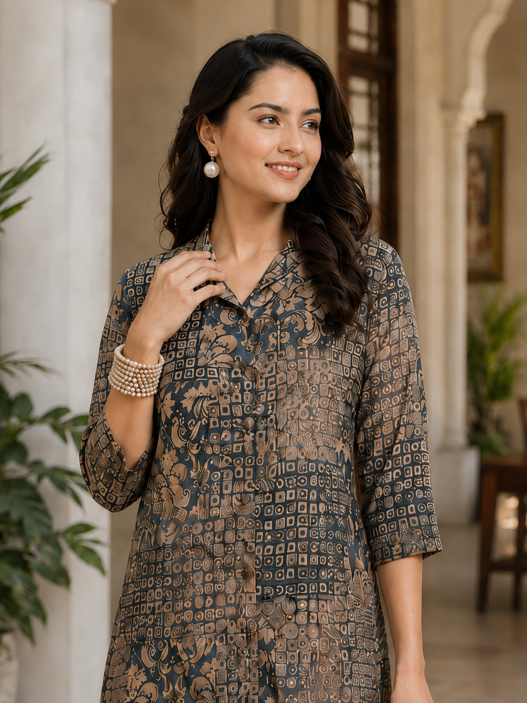 Grey Chanderi Abstract Printed Dress for Women | Claura