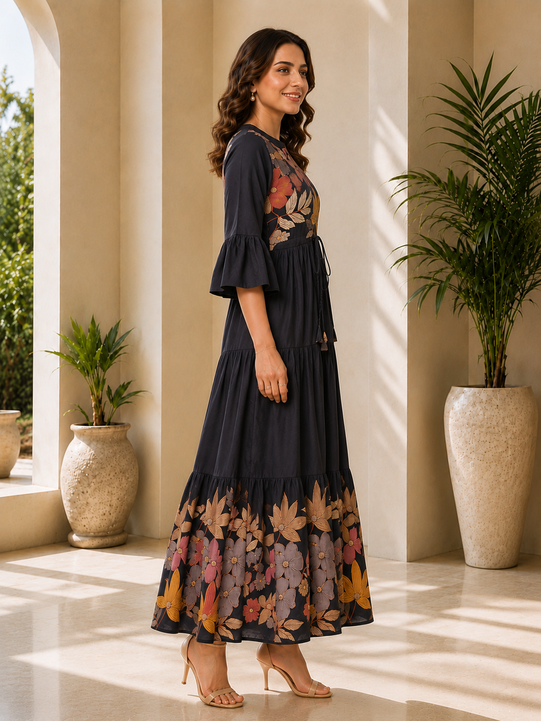 Grey Viscose Rayon Floral Printed Dress for Women | Claura