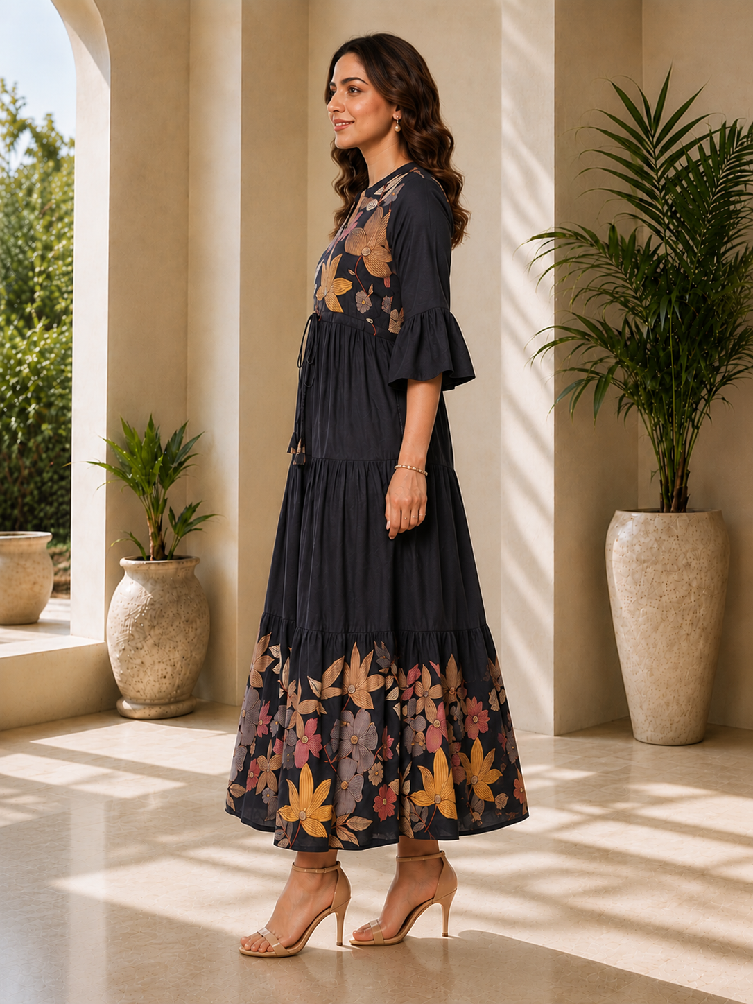 Grey Viscose Rayon Floral Printed Dress for Women | Claura