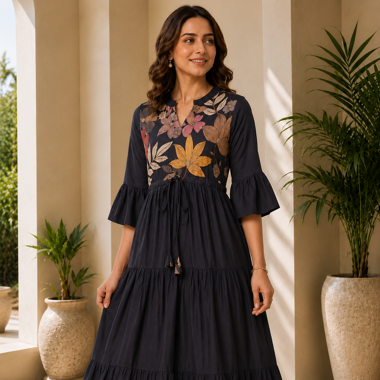 Grey Viscose Rayon Floral Printed Dress for Women | Claura