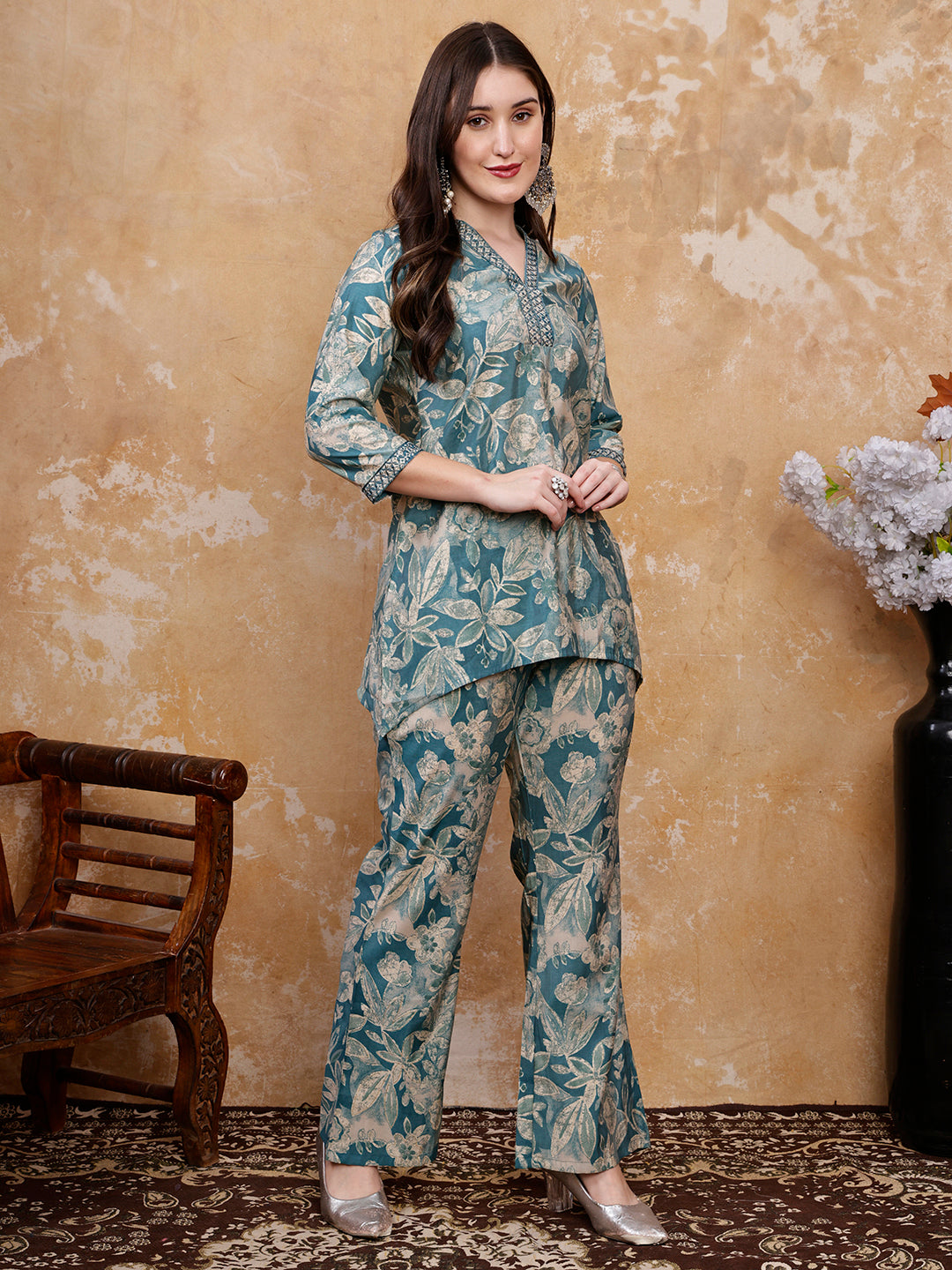Blue Floral Printed Silk-Blend Tunic with Matching Palazzo Pants | Claura