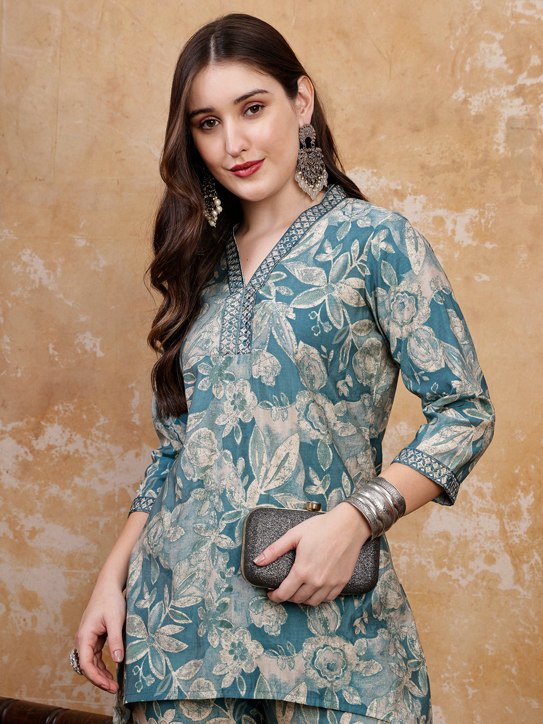 Blue Floral Printed Silk-Blend Tunic with Matching Palazzo Pants | Claura
