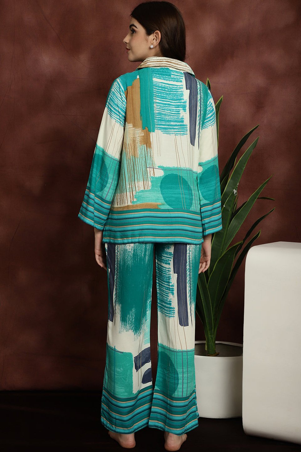 Green Abstract Printed Viscose Rayon Night Suit for Women by Claura

