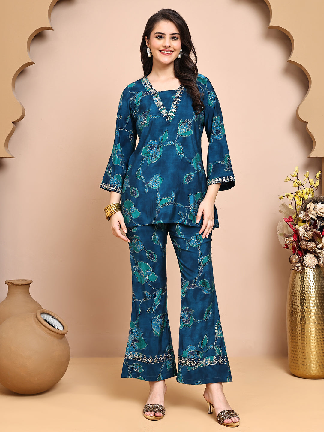 Woman wearing Blue Abstract Co-Ord Set 