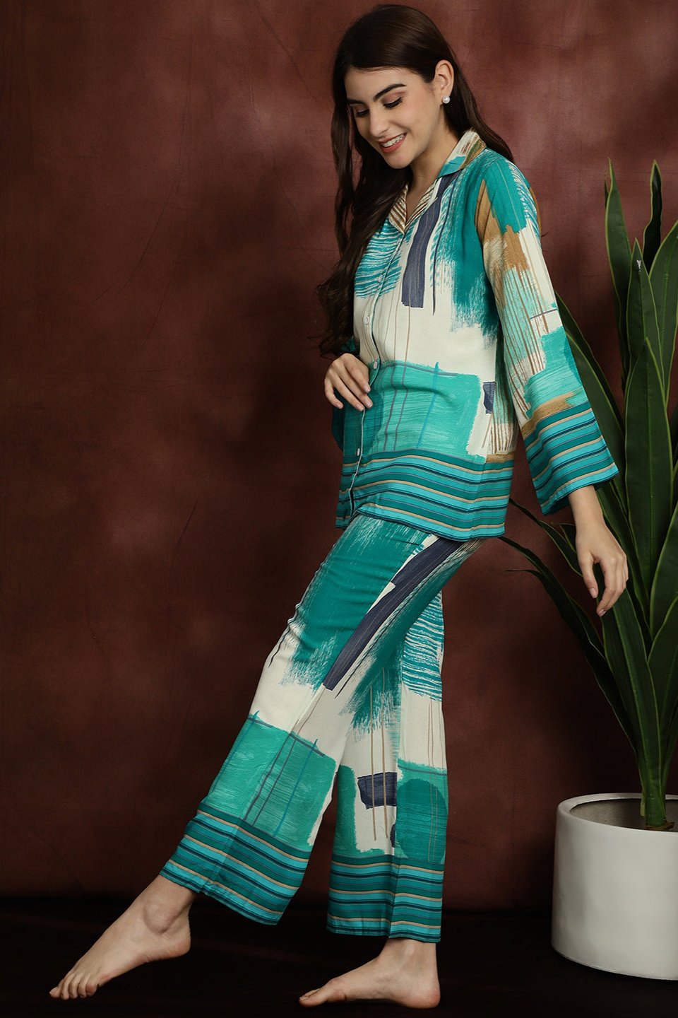 Green Abstract Printed Viscose Rayon Night Suit for Women by Claura

