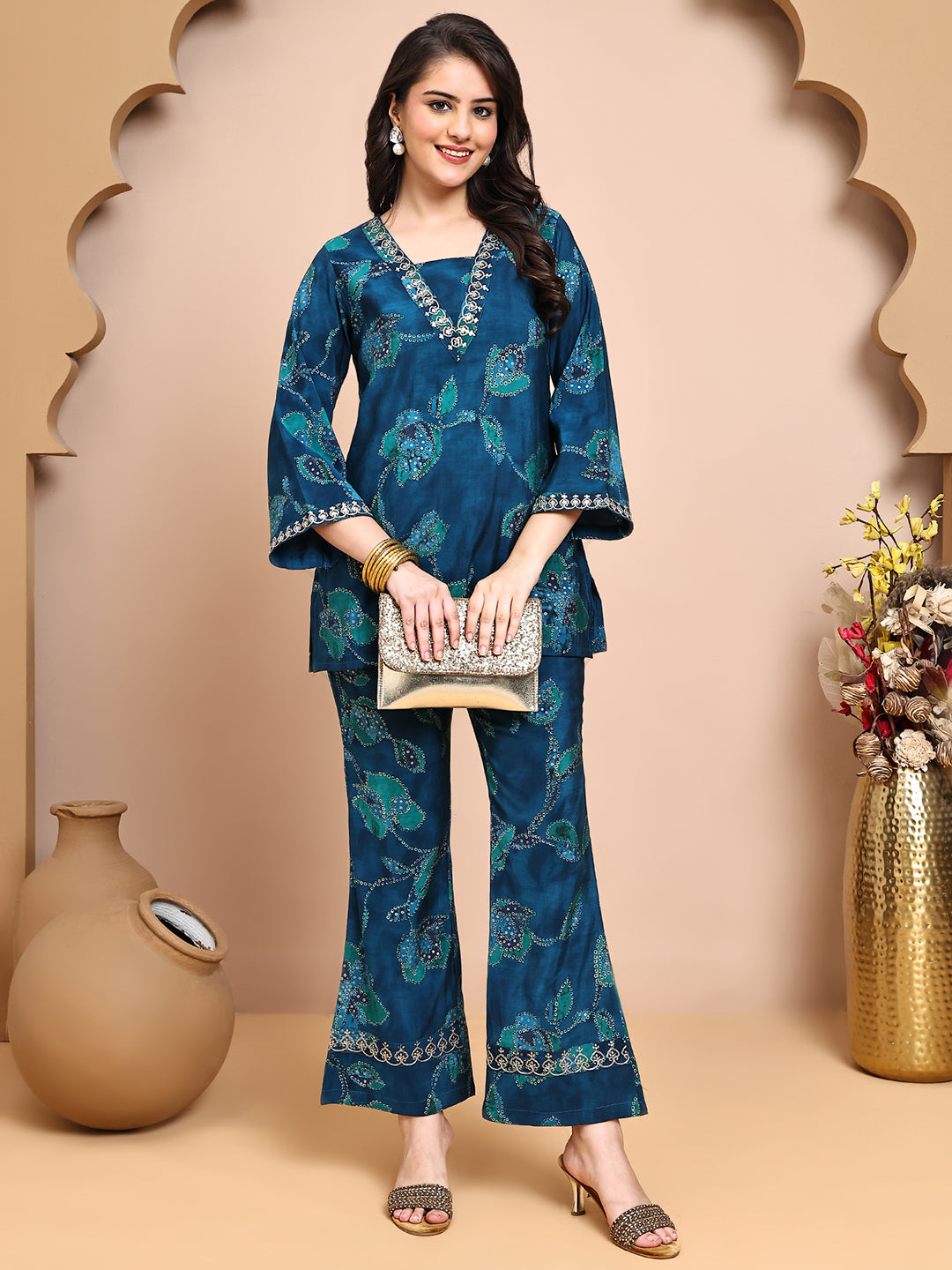 Close-up of Chanderi fabric on Blue Co-Ord Set