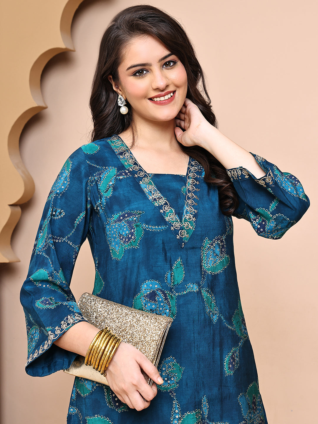 Close-up of Chanderi fabric on Blue Co-Ord Set