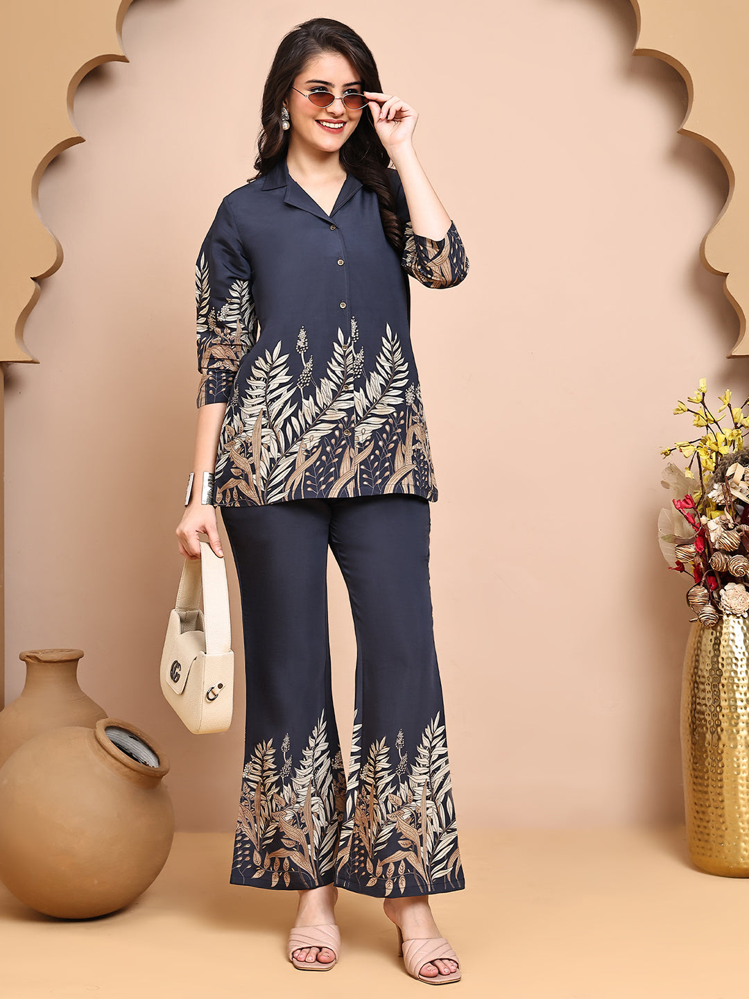 Close-up of Chanderi fabric with floral print on Grey Co-Ord Set