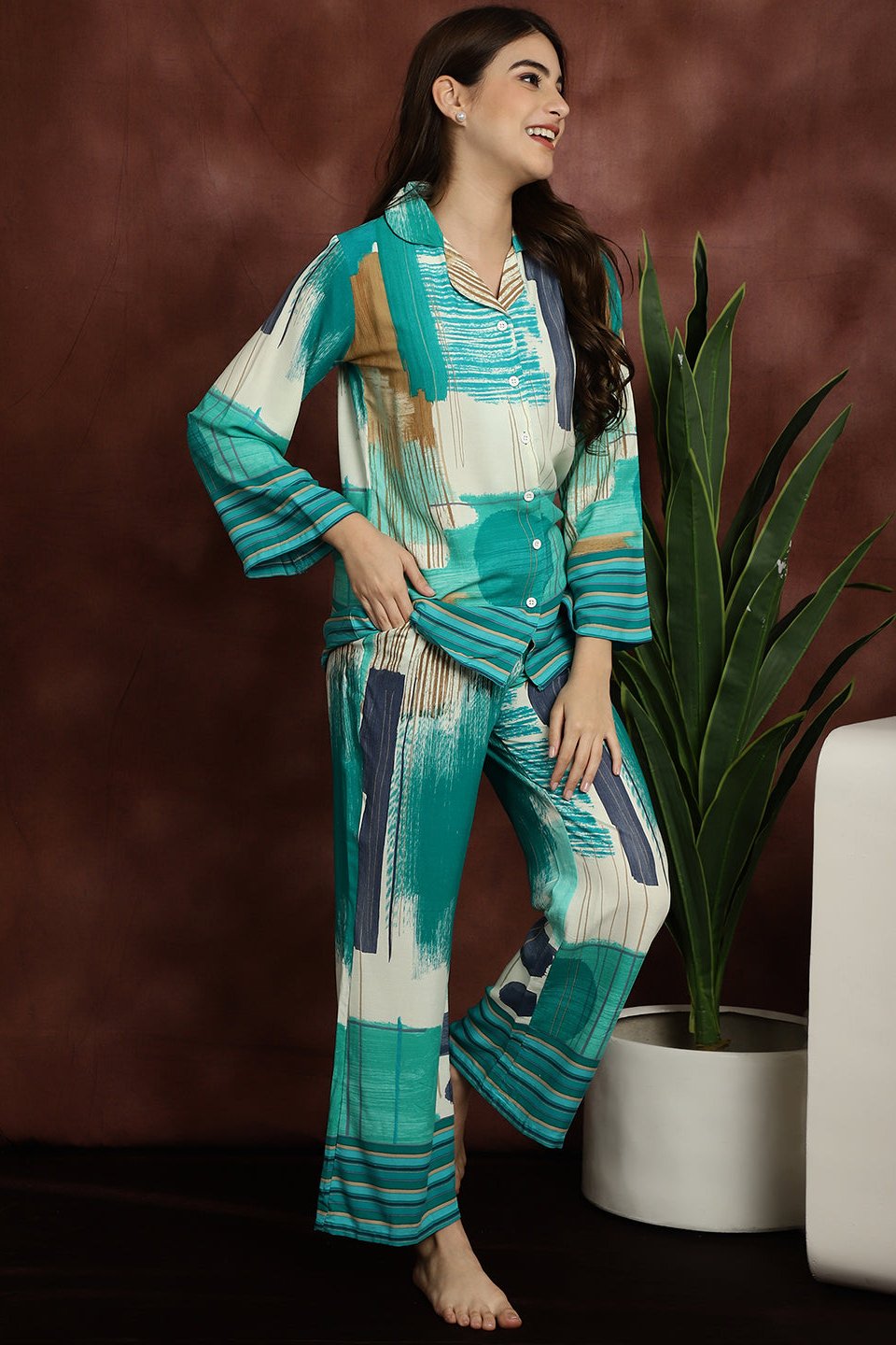 Green Abstract Printed Viscose Rayon Night Suit for Women by Claura

