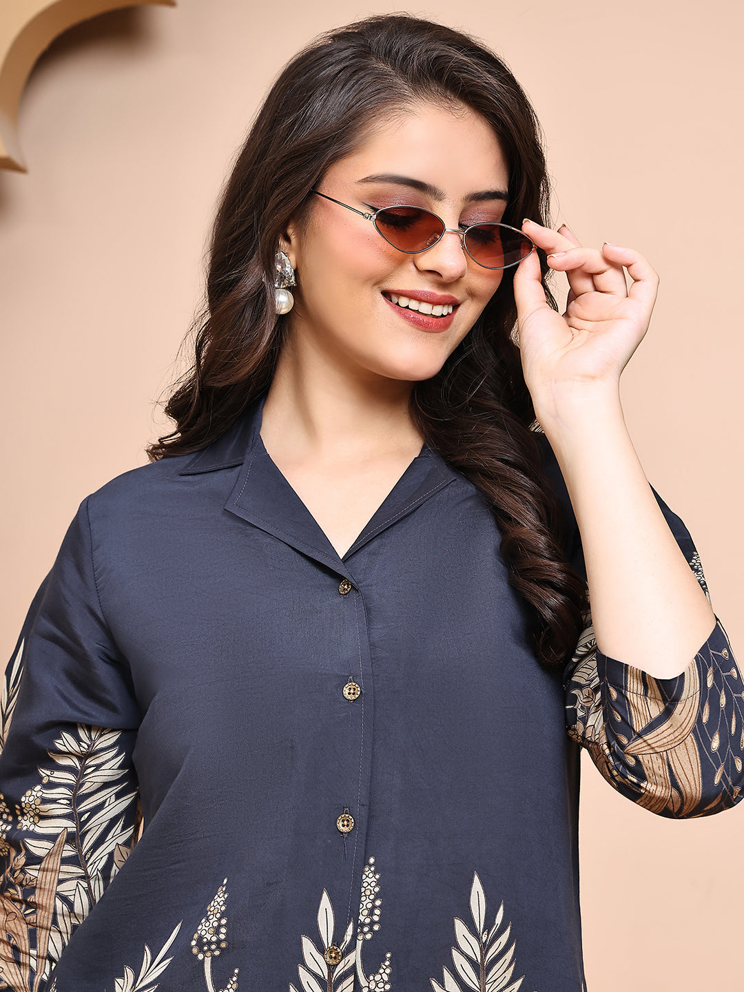 Close-up of Chanderi fabric with floral print on Grey Co-Ord Set