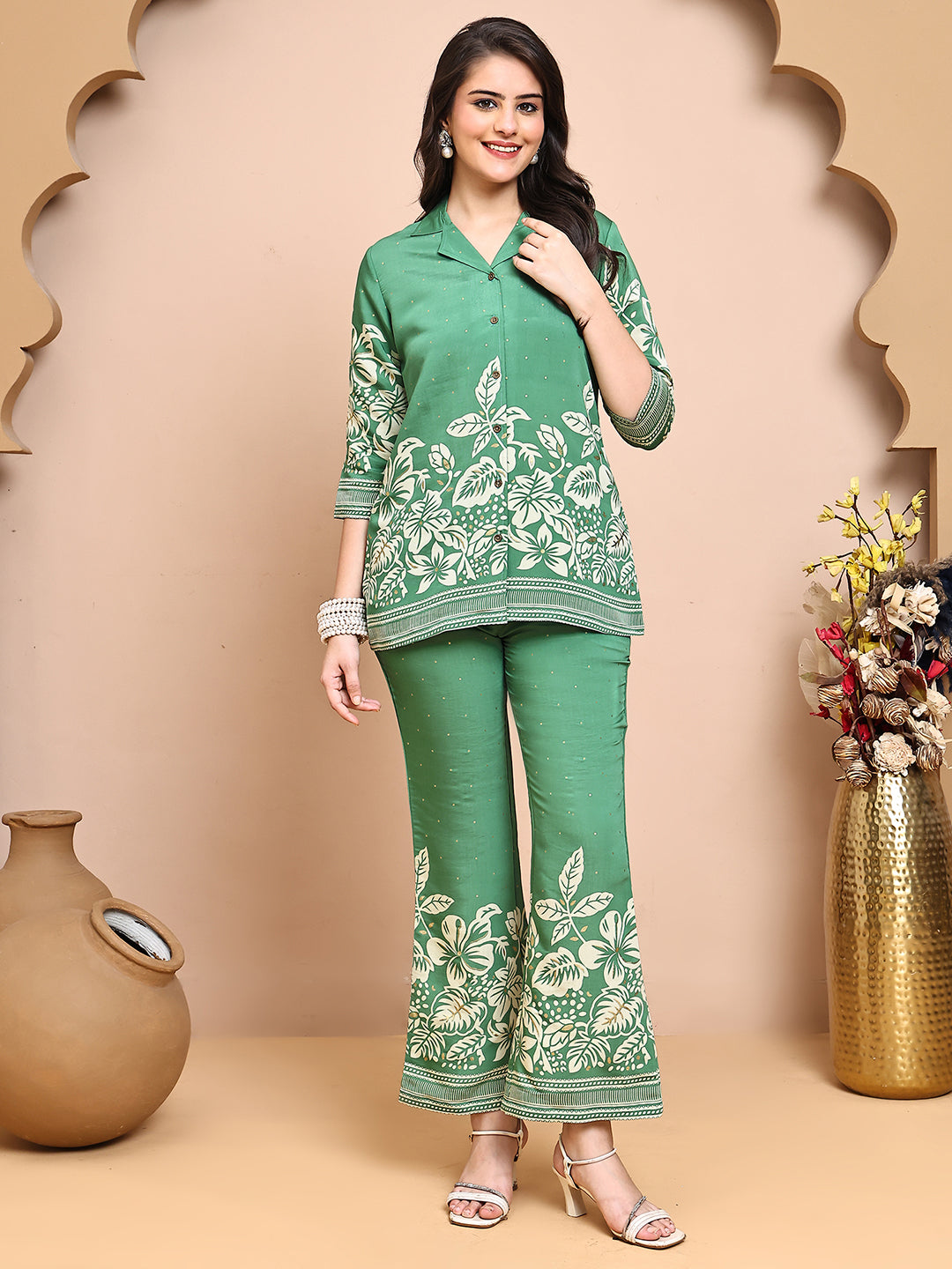 Woman wearing Green Floral Co-Ord Set