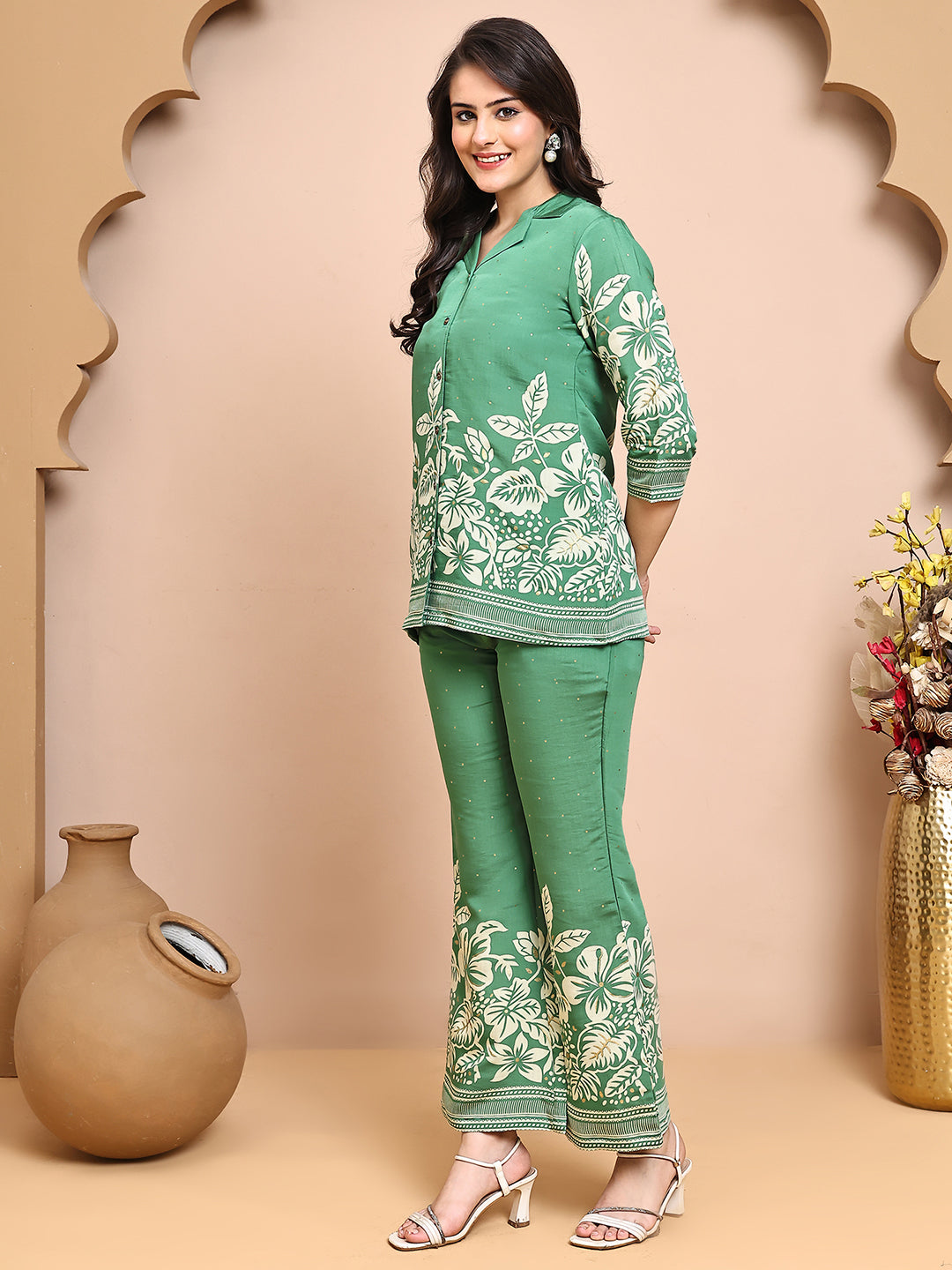 Back view of model styling Green floral co-ord outfit