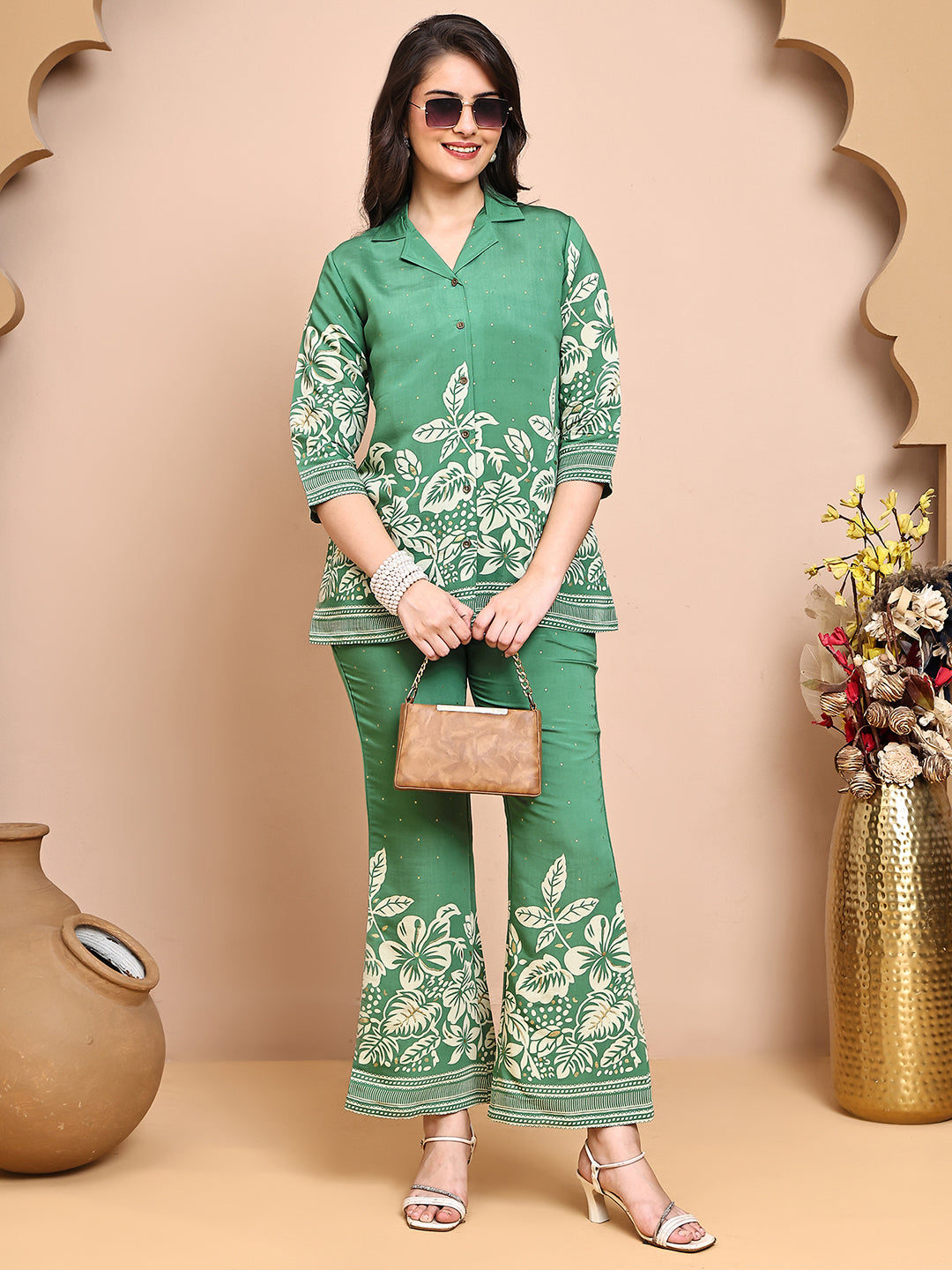 Close-up of Chanderi fabric floral detail on Green Co-Ord Set