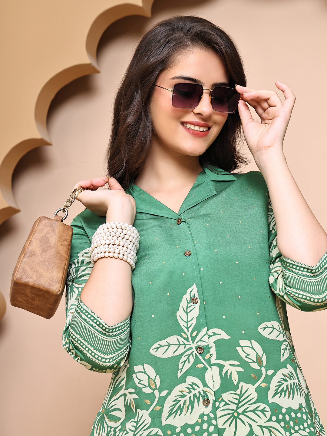 Close-up of Chanderi fabric floral detail on Green Co-Ord Set