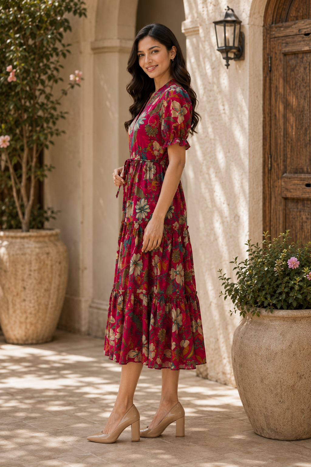 Pink Floral Print Puff Sleeve A-Line Midi Dress | Claura