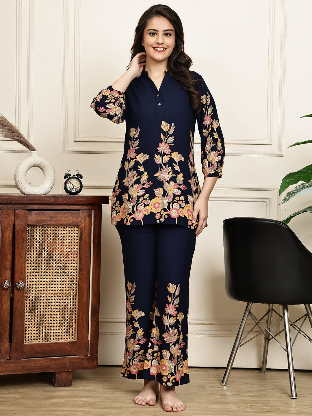 Navy blue floral night suit for women – soft rayon fabric detail | Claura