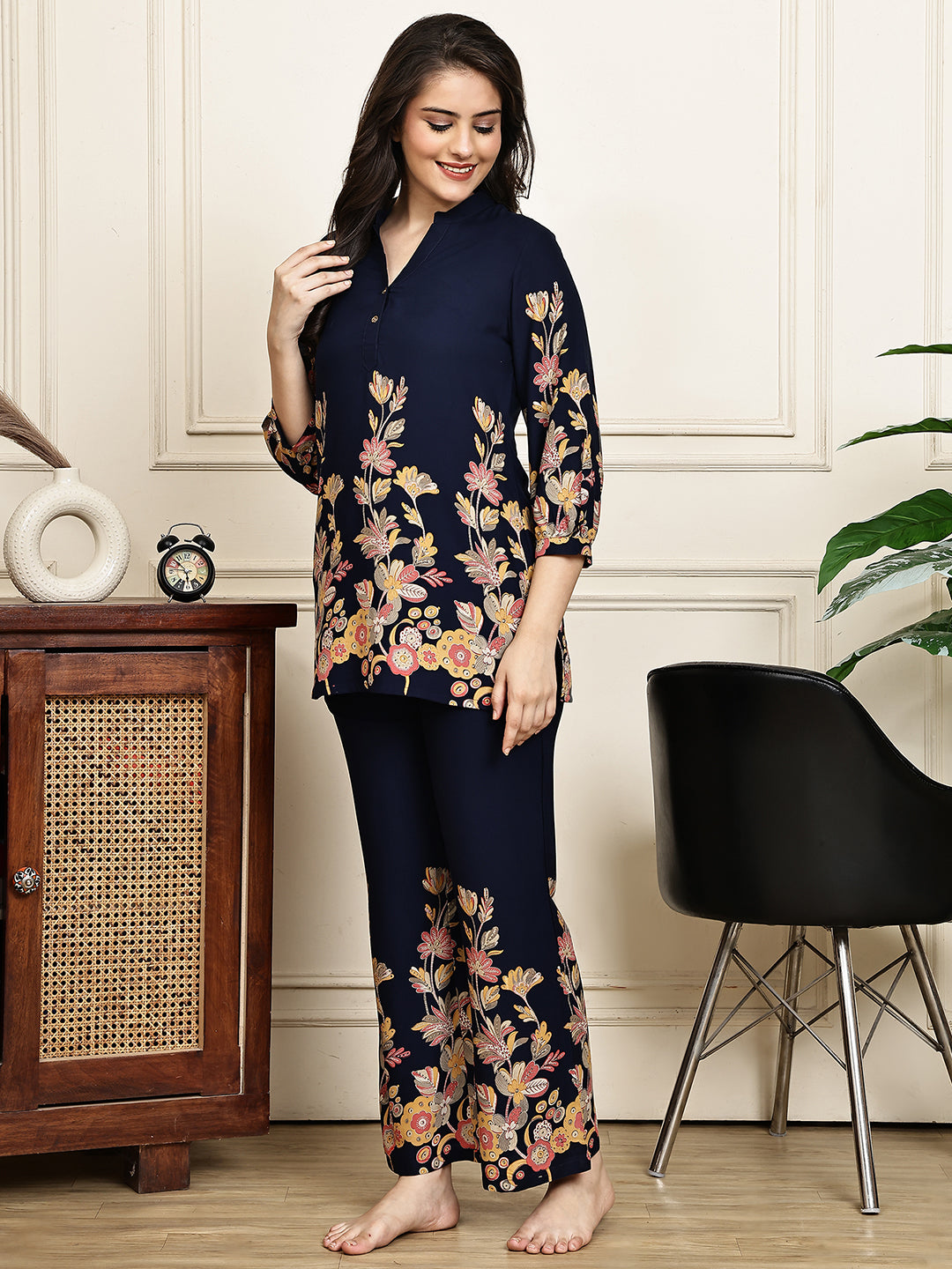 Navy Blue Viscose Rayon Floral Printed Night Suit for Women | Claura