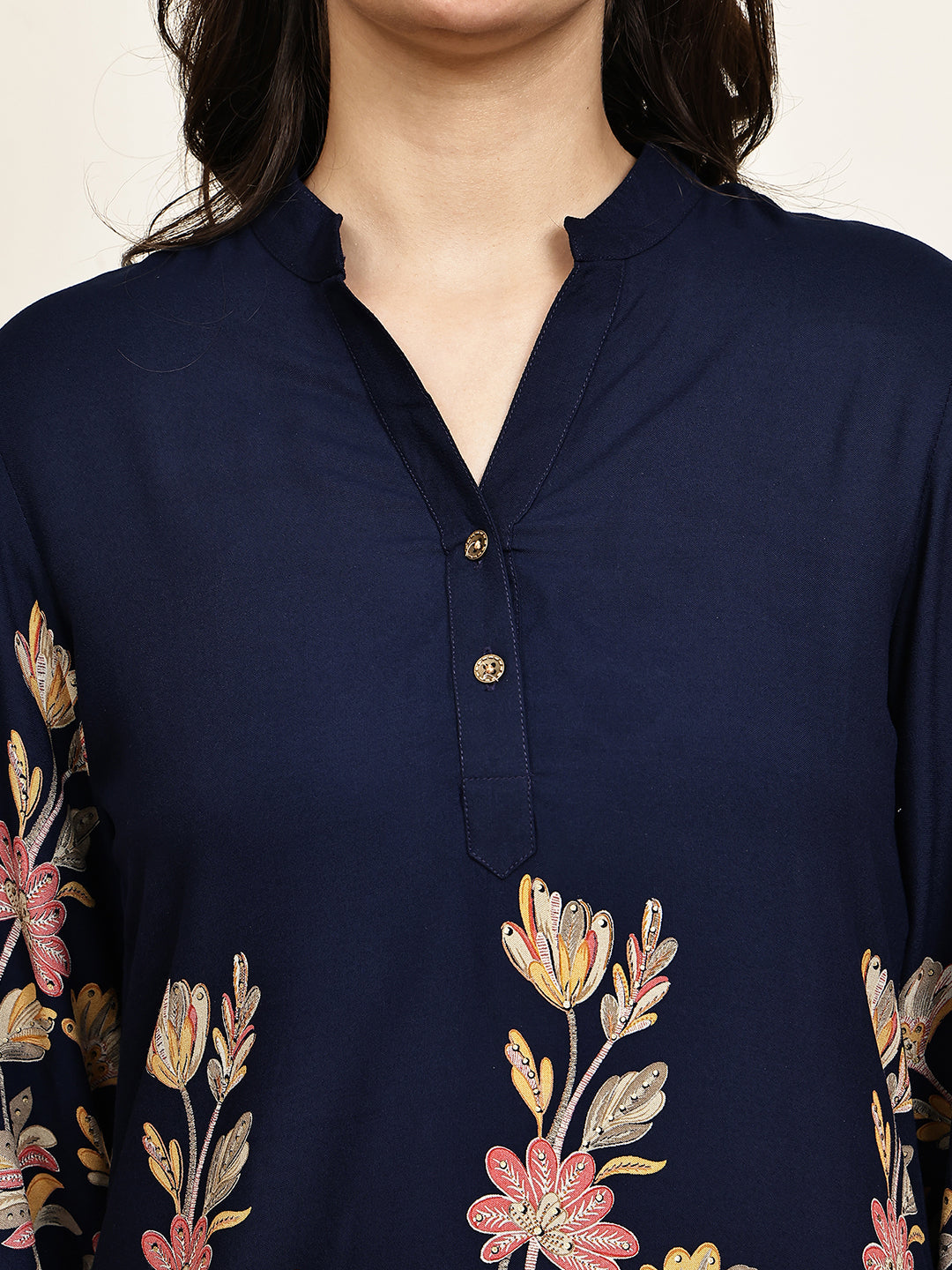 Navy Blue Viscose Rayon Floral Printed Night Suit for Women | Claura