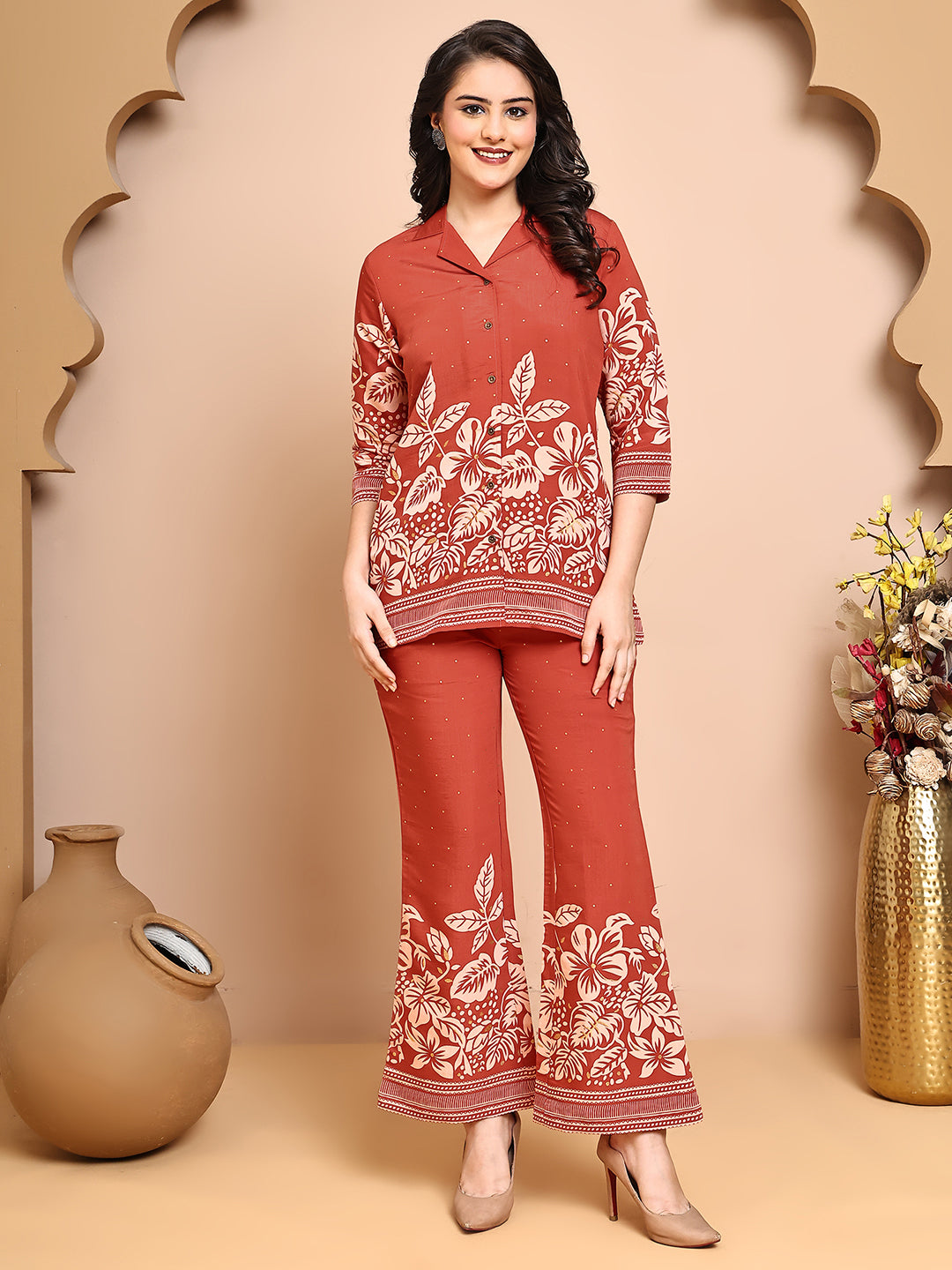 Woman wearing Orange Floral Co-Ord Set