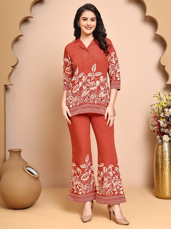 Orange Floral Chanderi Silk Co-Ord Set for Women 3/4 Sleeves
