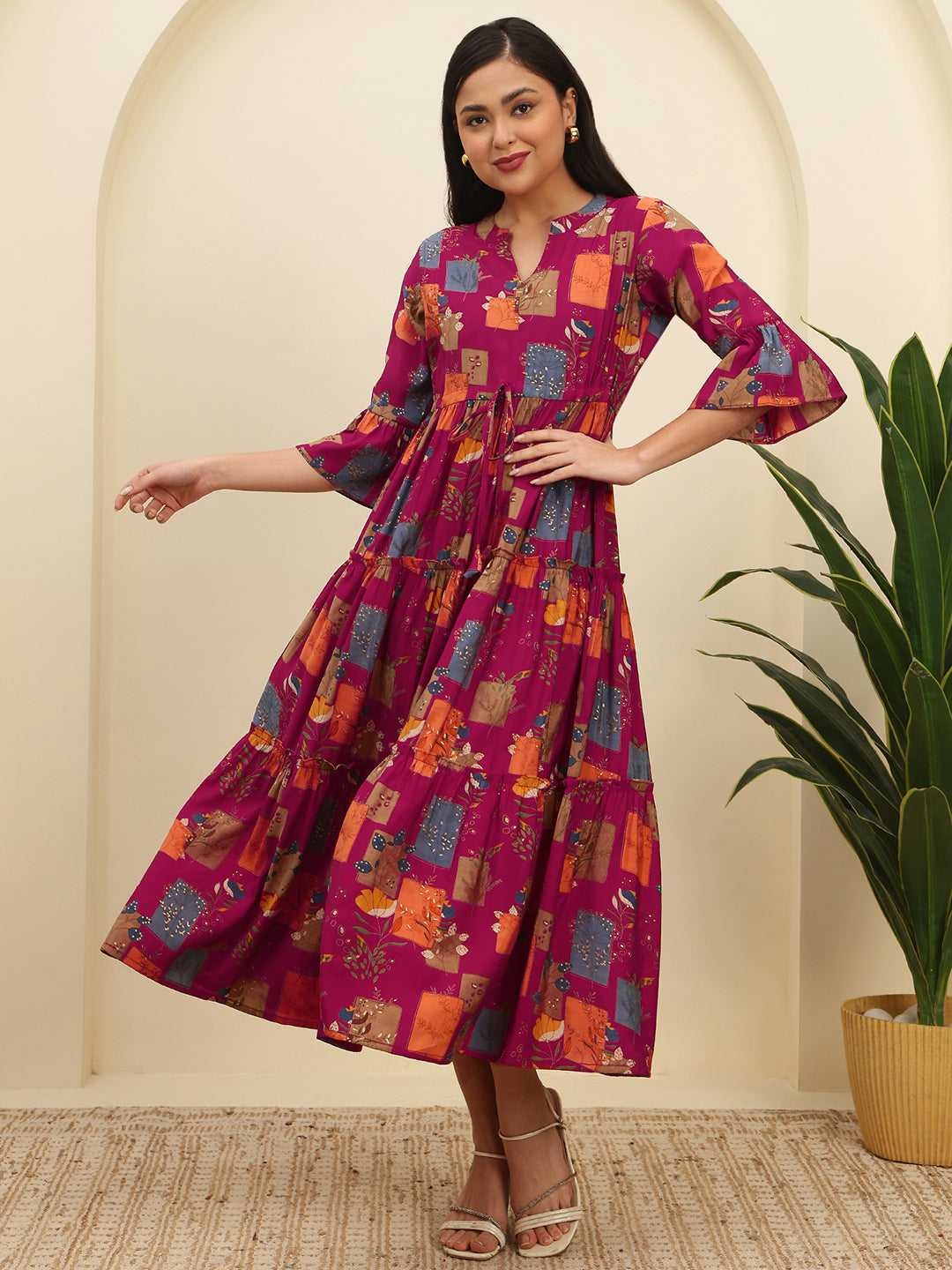 Magenta Chanderi Dress with three-quarter sleeves