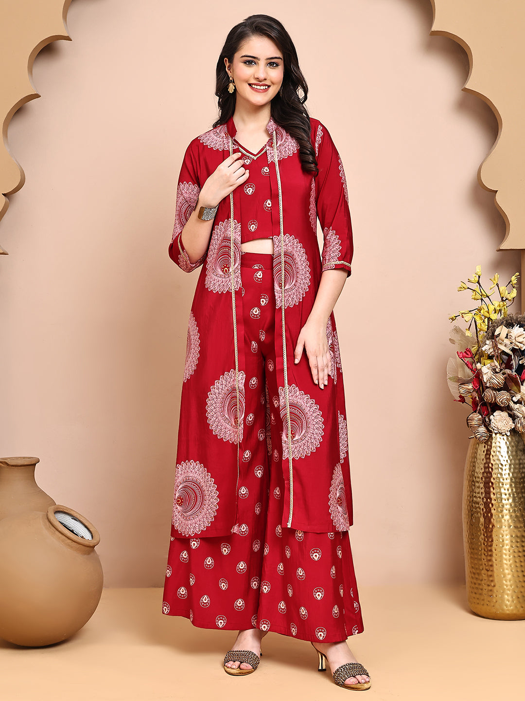 Red Co-Ord Set with Palazzo Trousers & Long Printed Jacket