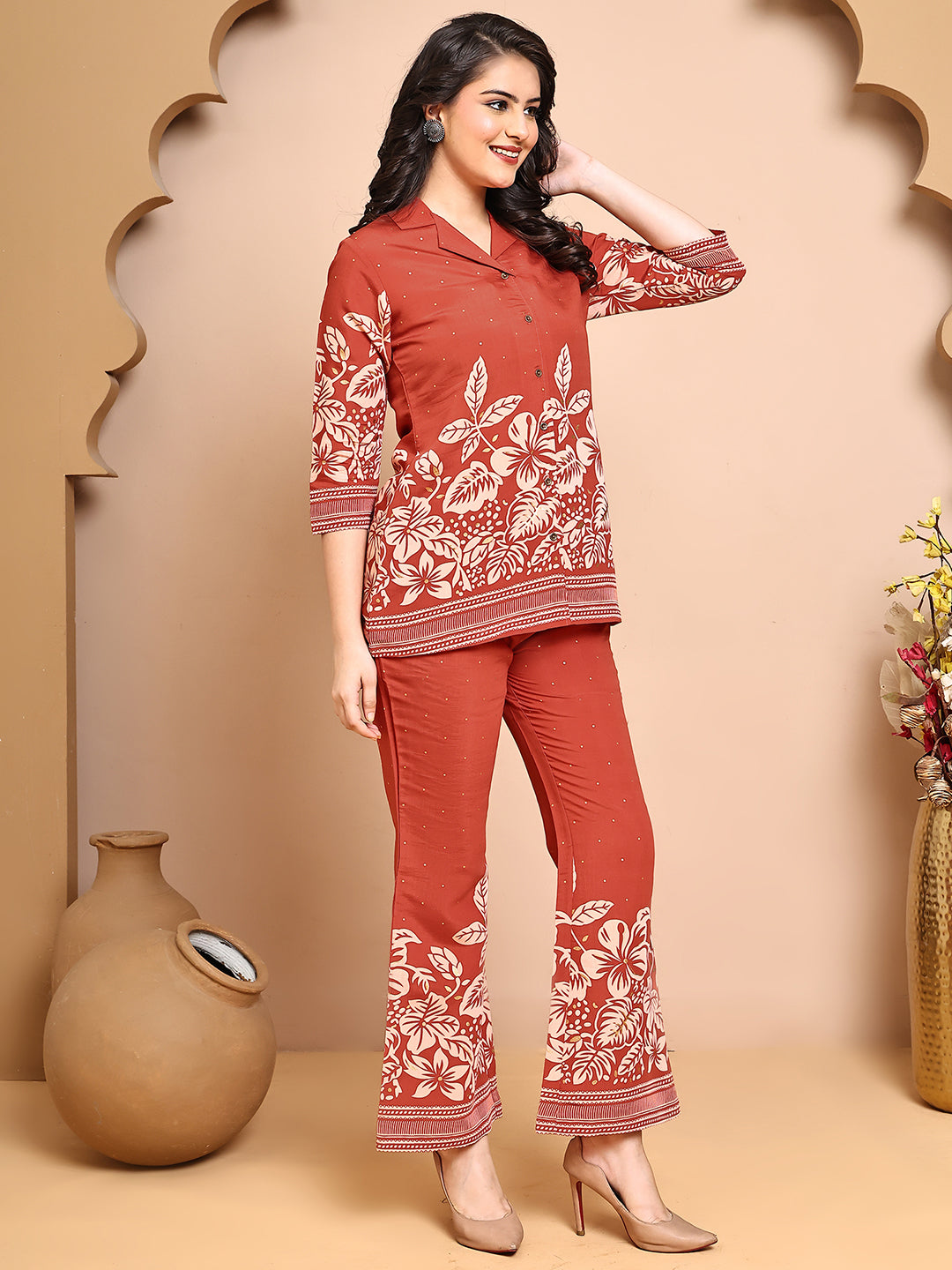 Orange Co-Ord Set with elasticated trousers & shirt collar top