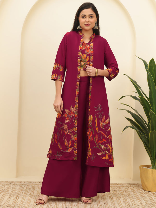 Red Floral Printed Chanderi Silk Co-Ord Set for Women