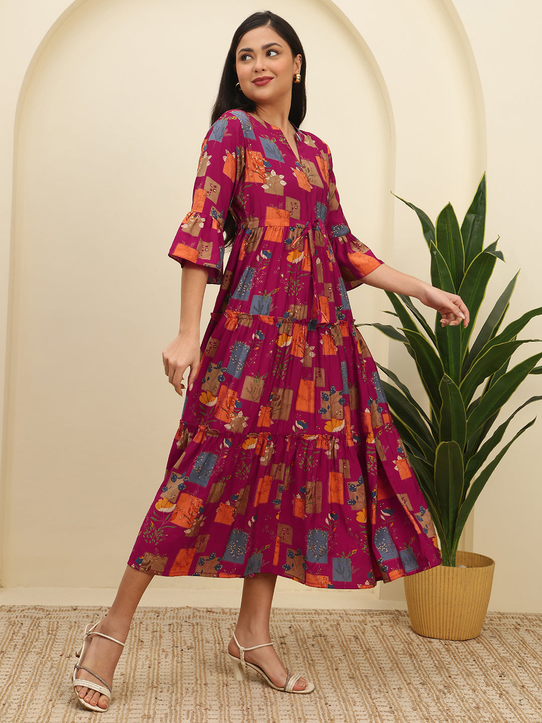 Magenta Color Chanderi Silk Abstract Printed Dress for Women | Claura