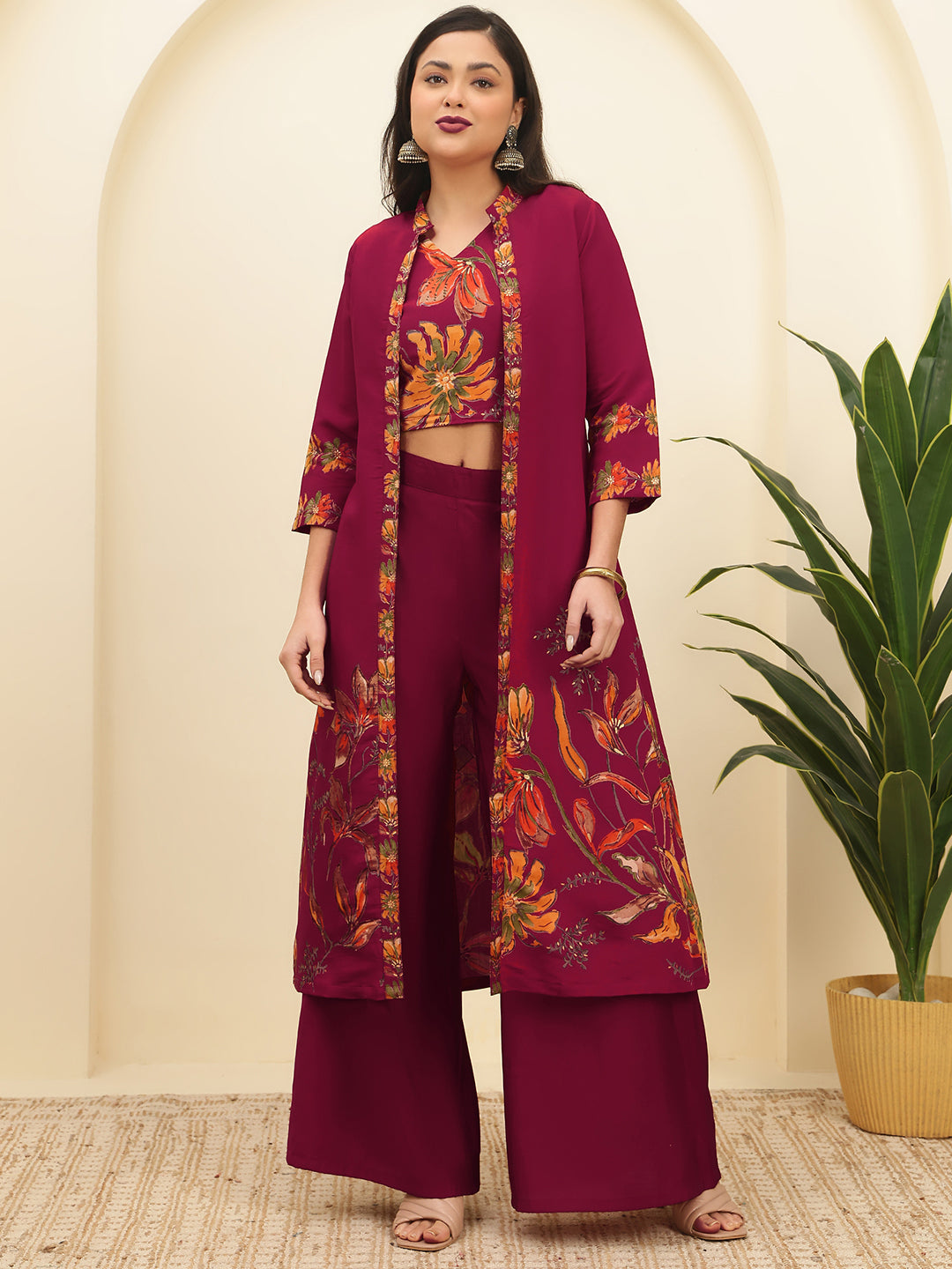 Red Floral Printed Chanderi Silk Co-Ord Set for Women | Claura