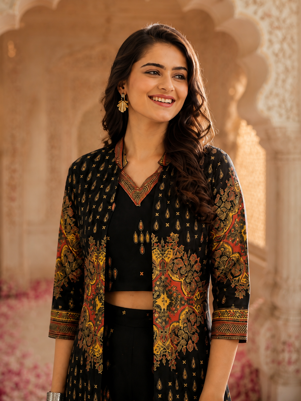 Black Ethnic Printed Viscose Rayon Co-Ord Set for Women | Claura