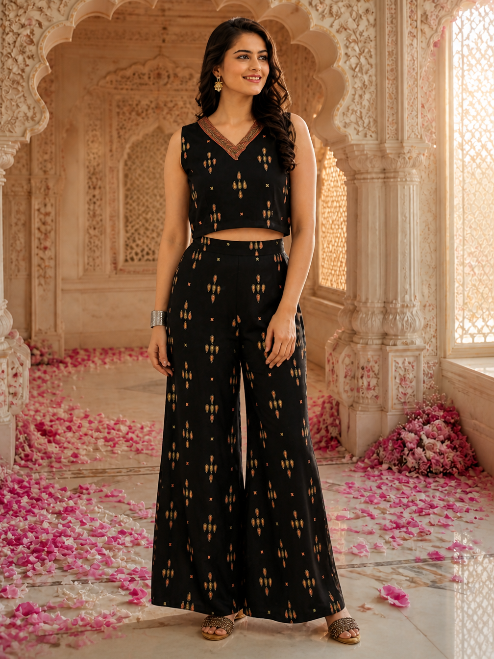 Black Ethnic Printed Viscose Rayon Co-Ord Set for Women | Claura