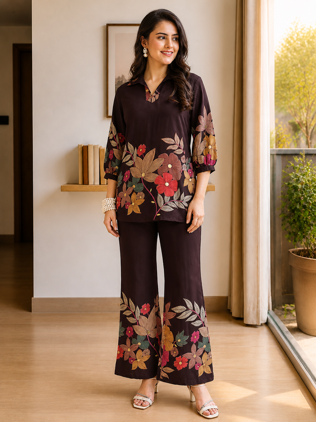Coffee Brown Floral Chanderi Co-Ord Set with Collared Top | Claura