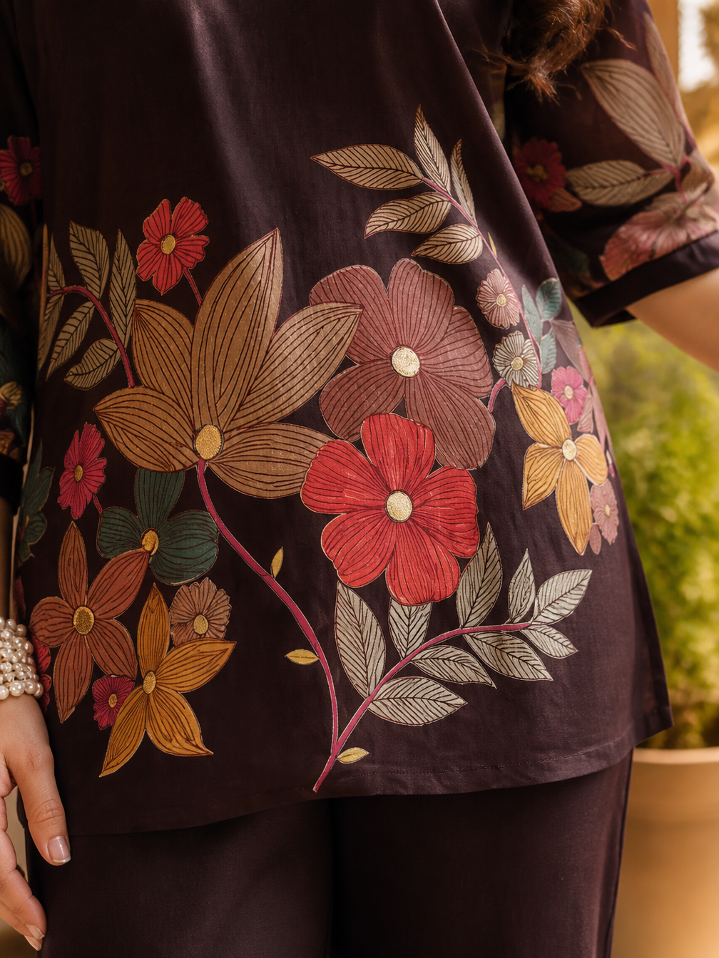 Coffee Brown Floral Chanderi Co-Ord Set with Collared Top | Claura