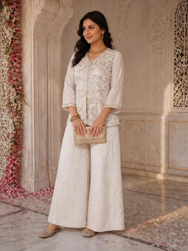 Elegant White Embroidered V-Neck Tunic with Palazzo Set
