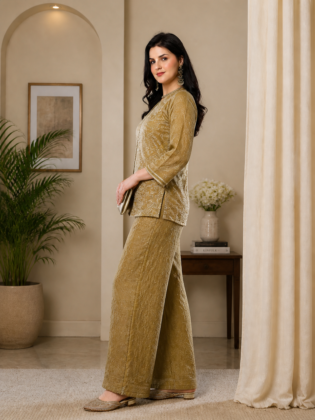 Elegant  Gold-Toned Embroidered V-Neck Tunic with Palazzo Set | Claura
