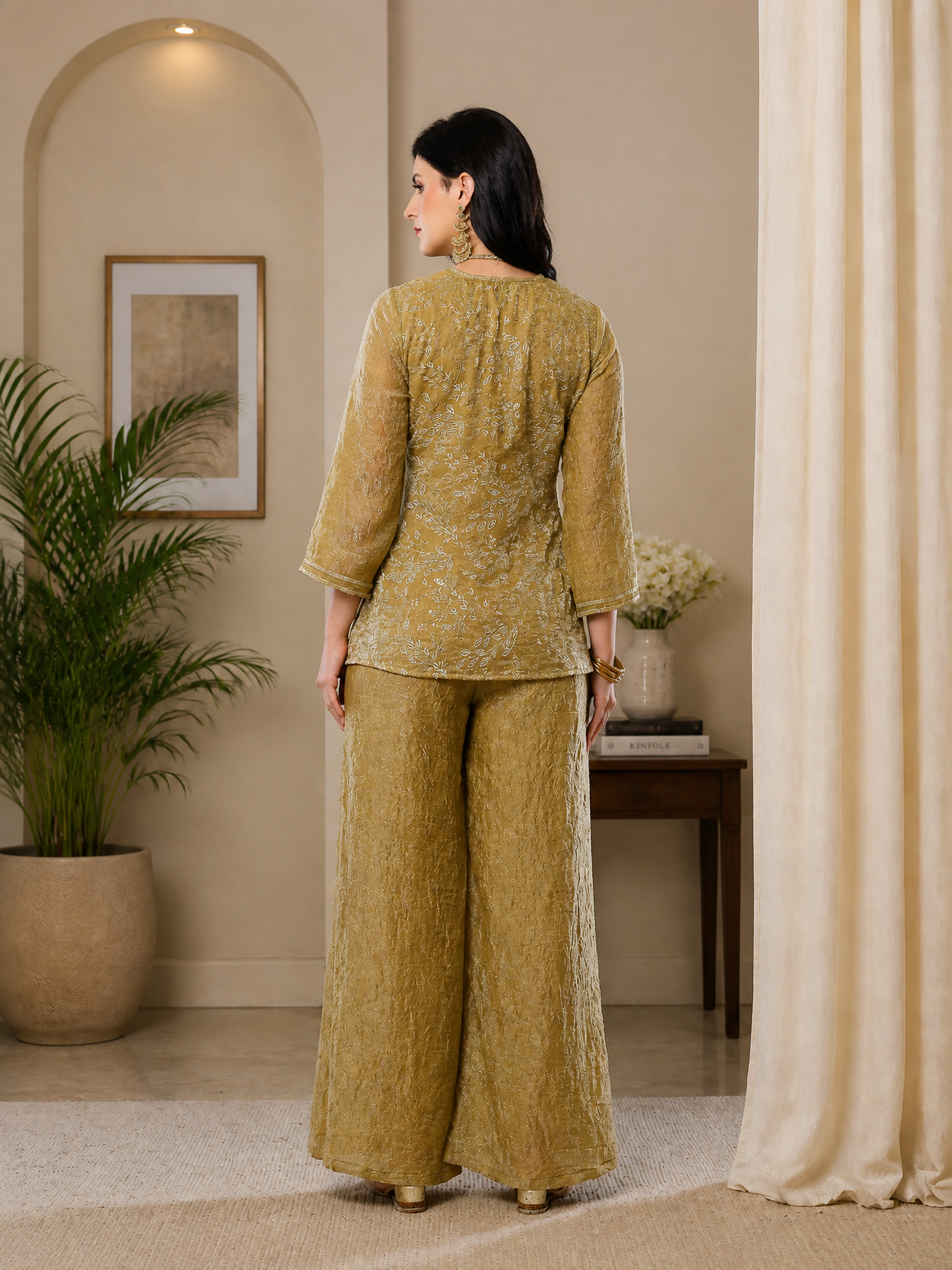 Elegant  Gold-Toned Embroidered V-Neck Tunic with Palazzo Set | Claura