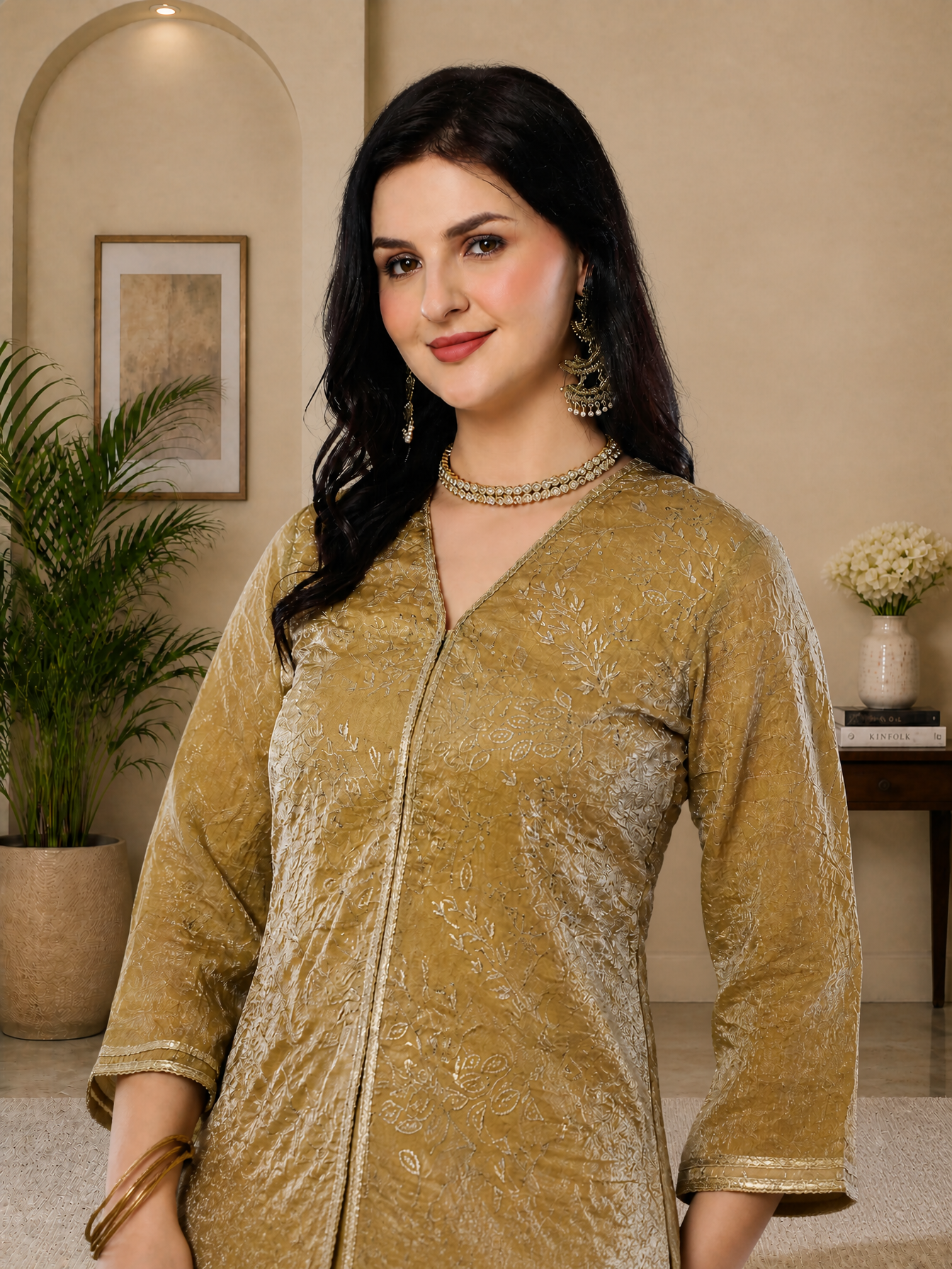 Elegant  Gold-Toned Embroidered V-Neck Tunic with Palazzo Set | Claura
