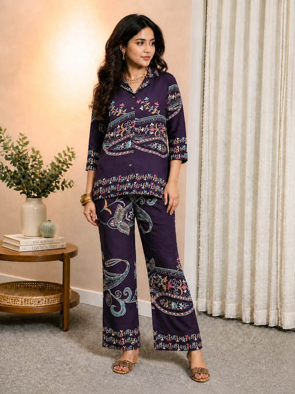 Purple Abstract Chanderi Silk Tunic & Trousers Co-Ord Set