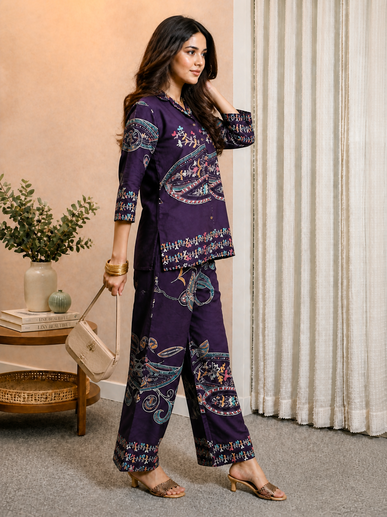 Purple Abstract Printed Chanderi Silk Tunic & Trousers Co-Ord Set for Women | Claura