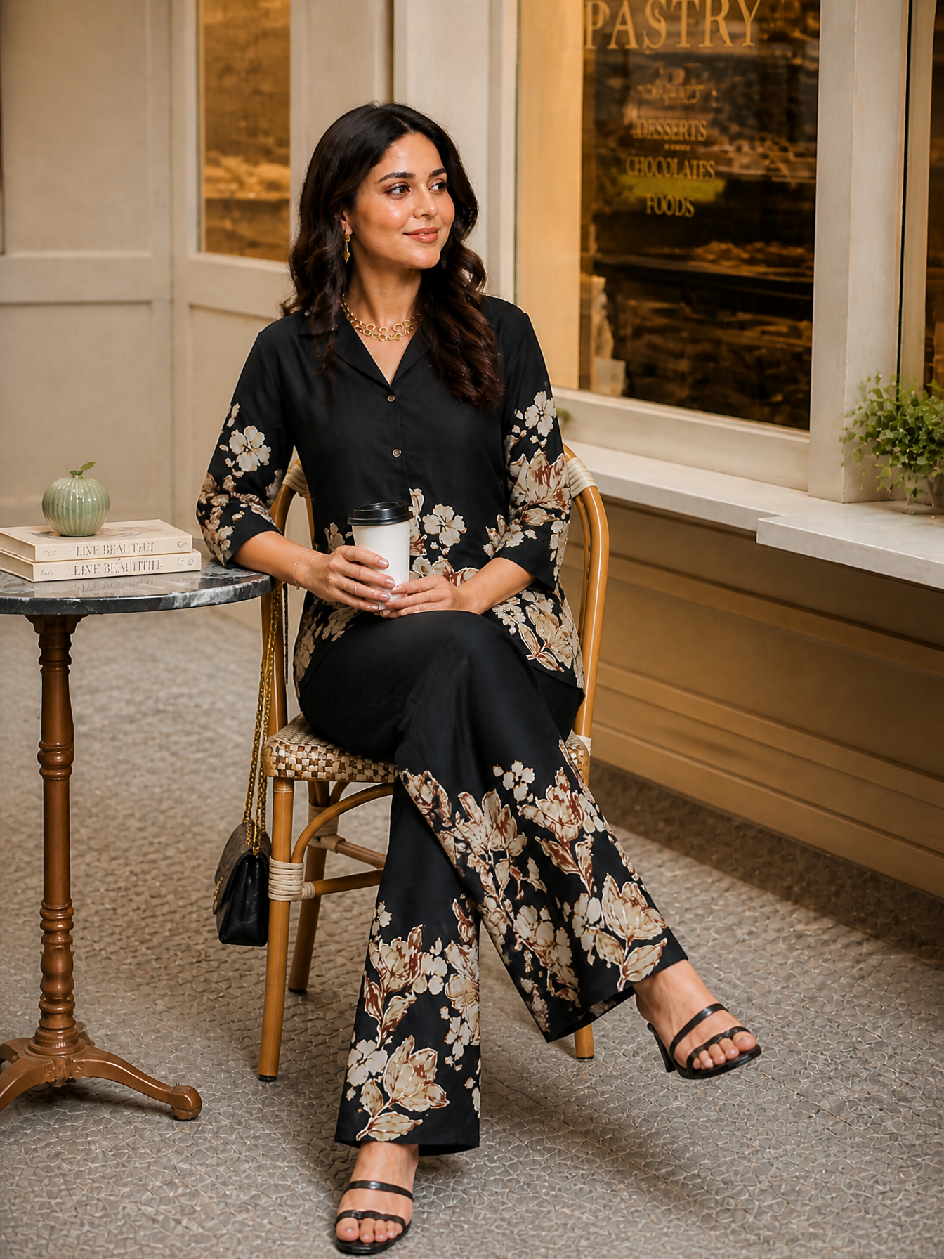 Black Chanderi Silk Floral Co-Ord Set for Women | Claura