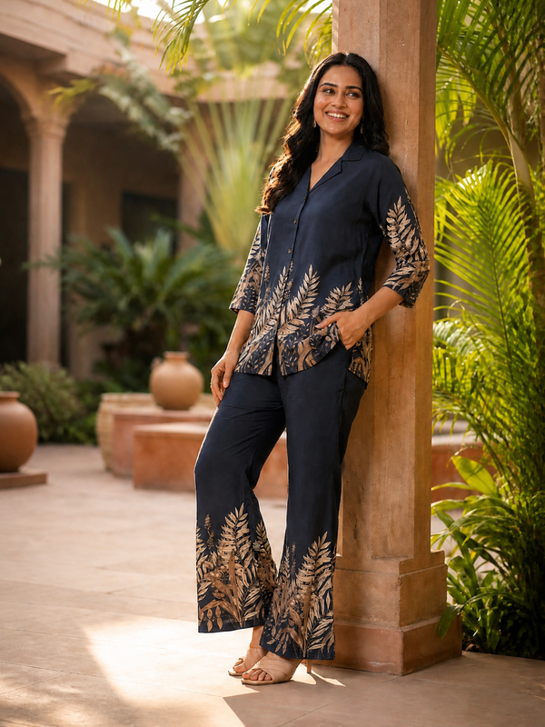 Smokey Grey Leafy Printed Chanderi Co-Ord Set for Women