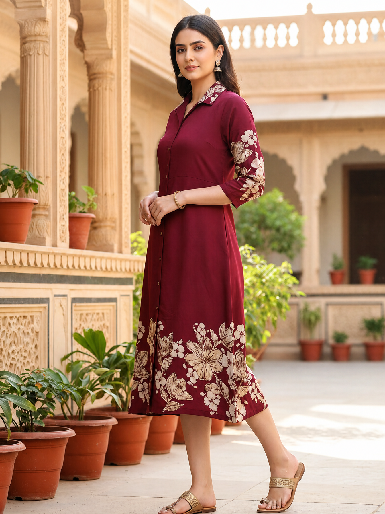 Wine Chanderi Floral Style Ethnic Dress for Women| Claura