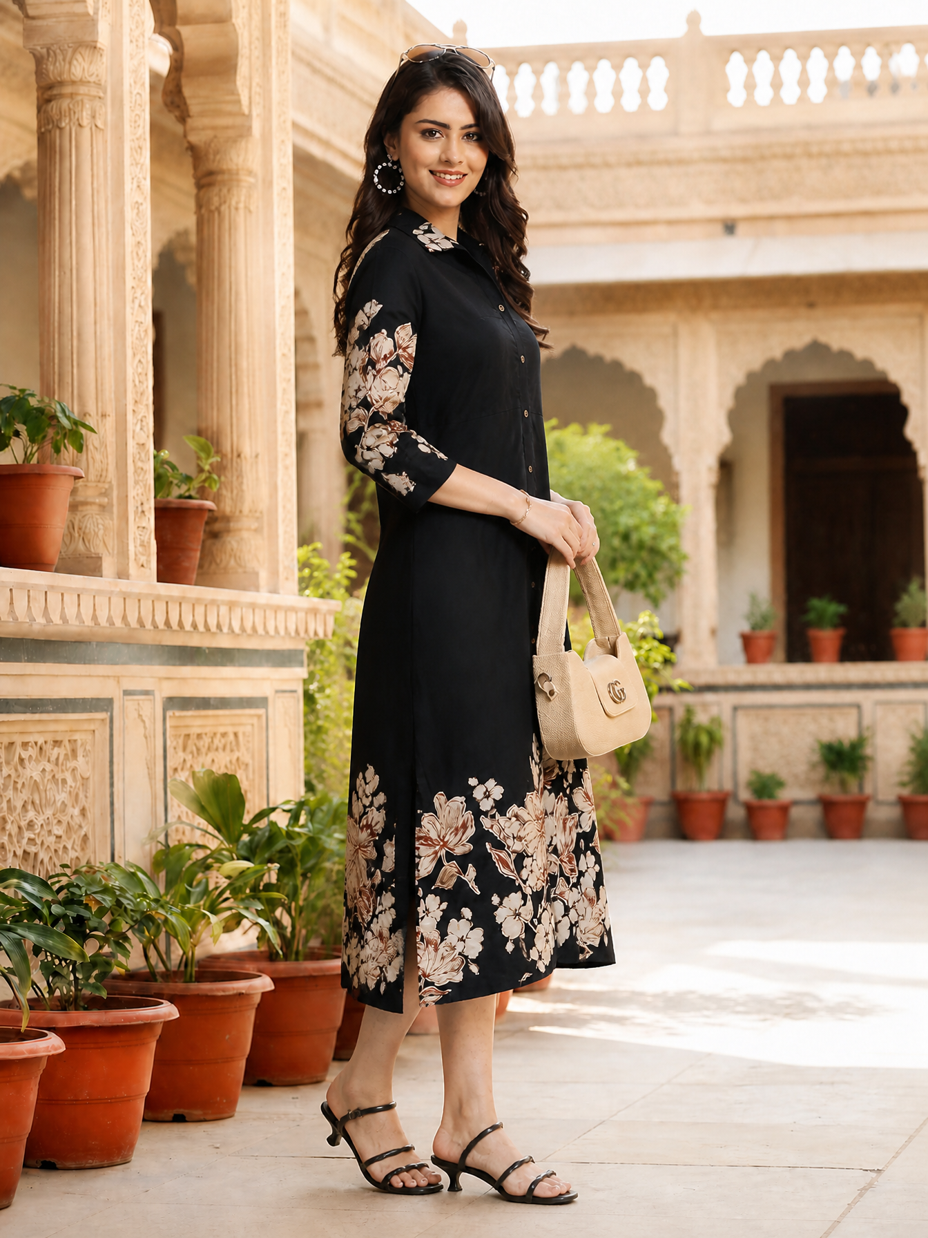 Black Floral Printed Chanderi Silk A-Line Dress for Women | Claura