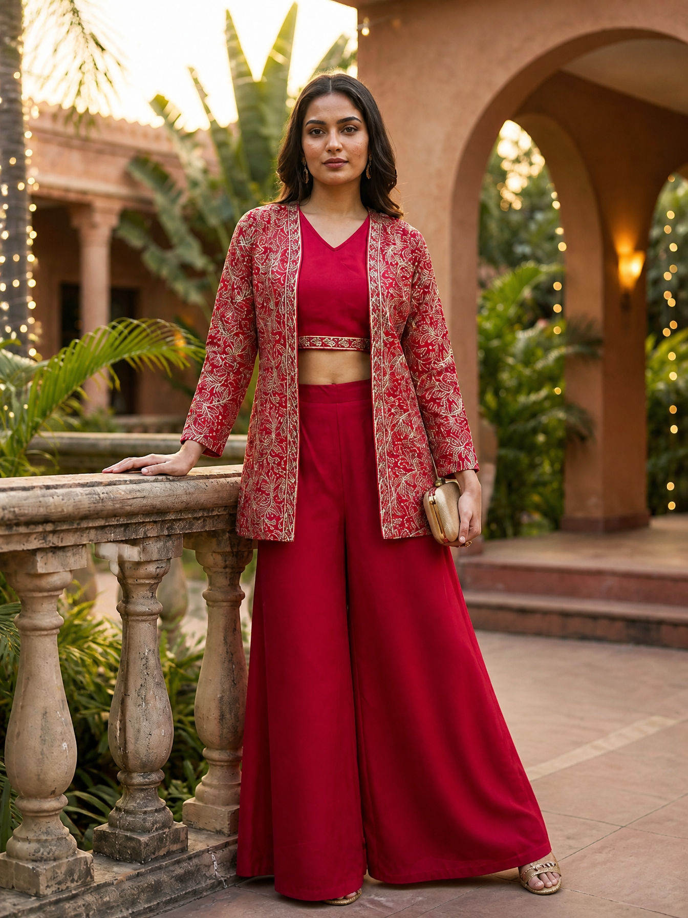 Embroidered Pink Ethnic Chanderi Silk Co-Ord Set for Women With Embroidered Jacket | Claura