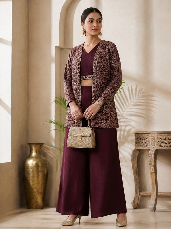 Wine Ethnic Chanderi Silk Co-Ord Set for Women, Embroidered