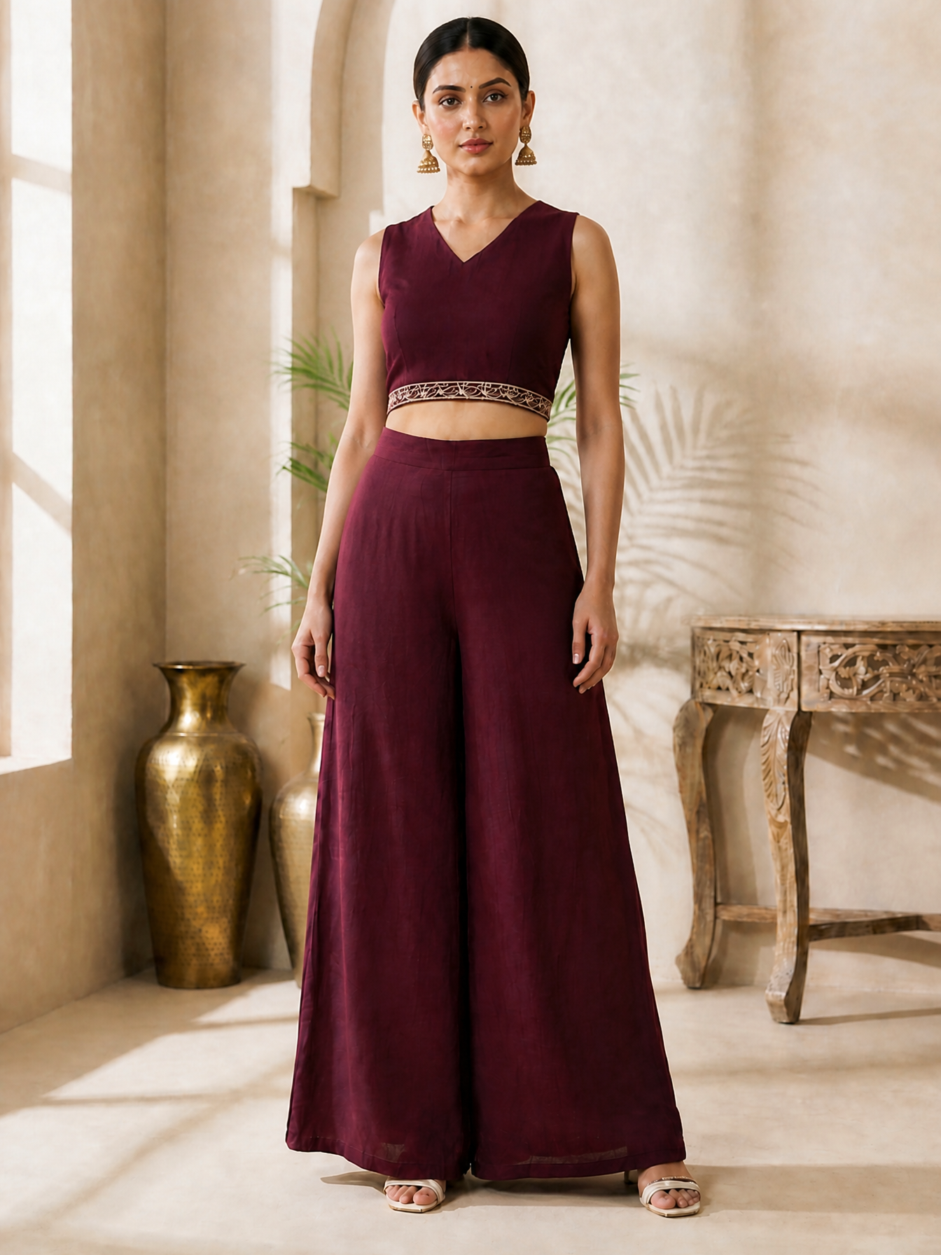 Wine Ethnic Chanderi Silk Co-Ord Set for Women With embroidered jacket | Claura