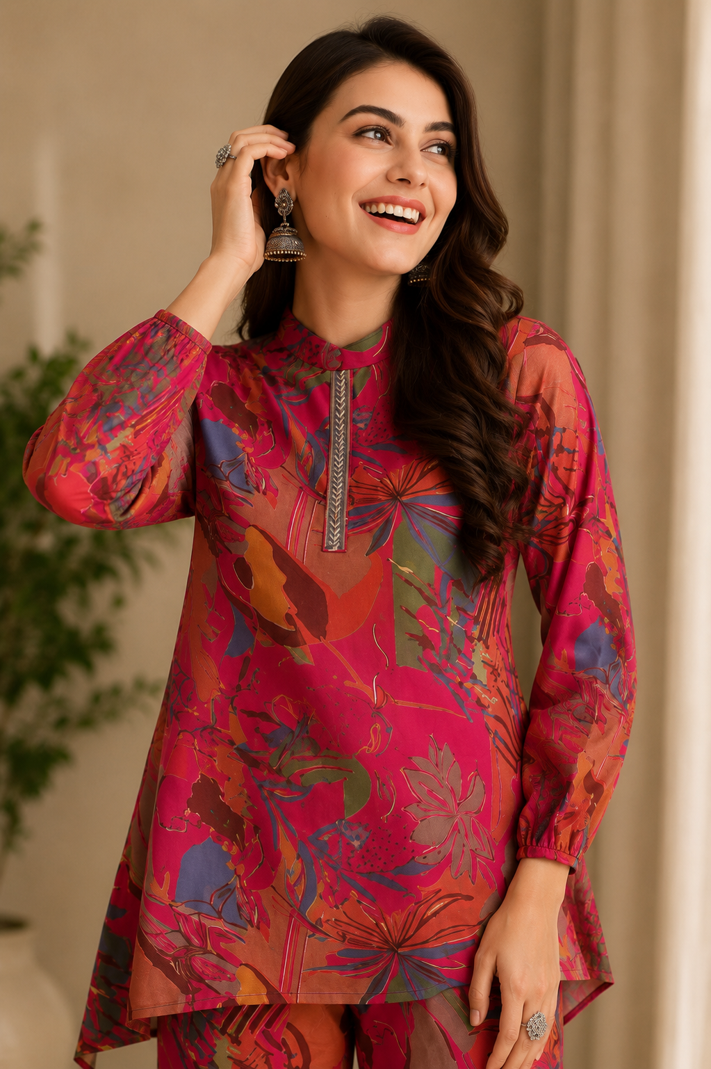 Pink Floral Printed Tunic Palazzo Ethnic Co-Ord Set for Women